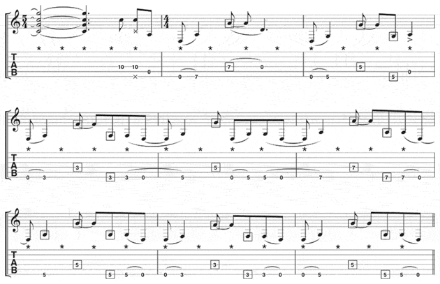 Example 4, part 2: Remember, the squares around the notes denote a tap with the fret-hand.